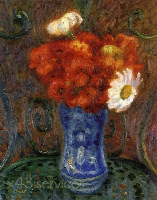 William James Glackens - Blumen auf einem Gartenstuhl - Flowers on a Garden Chair - zum Schließen ins Bild klicken